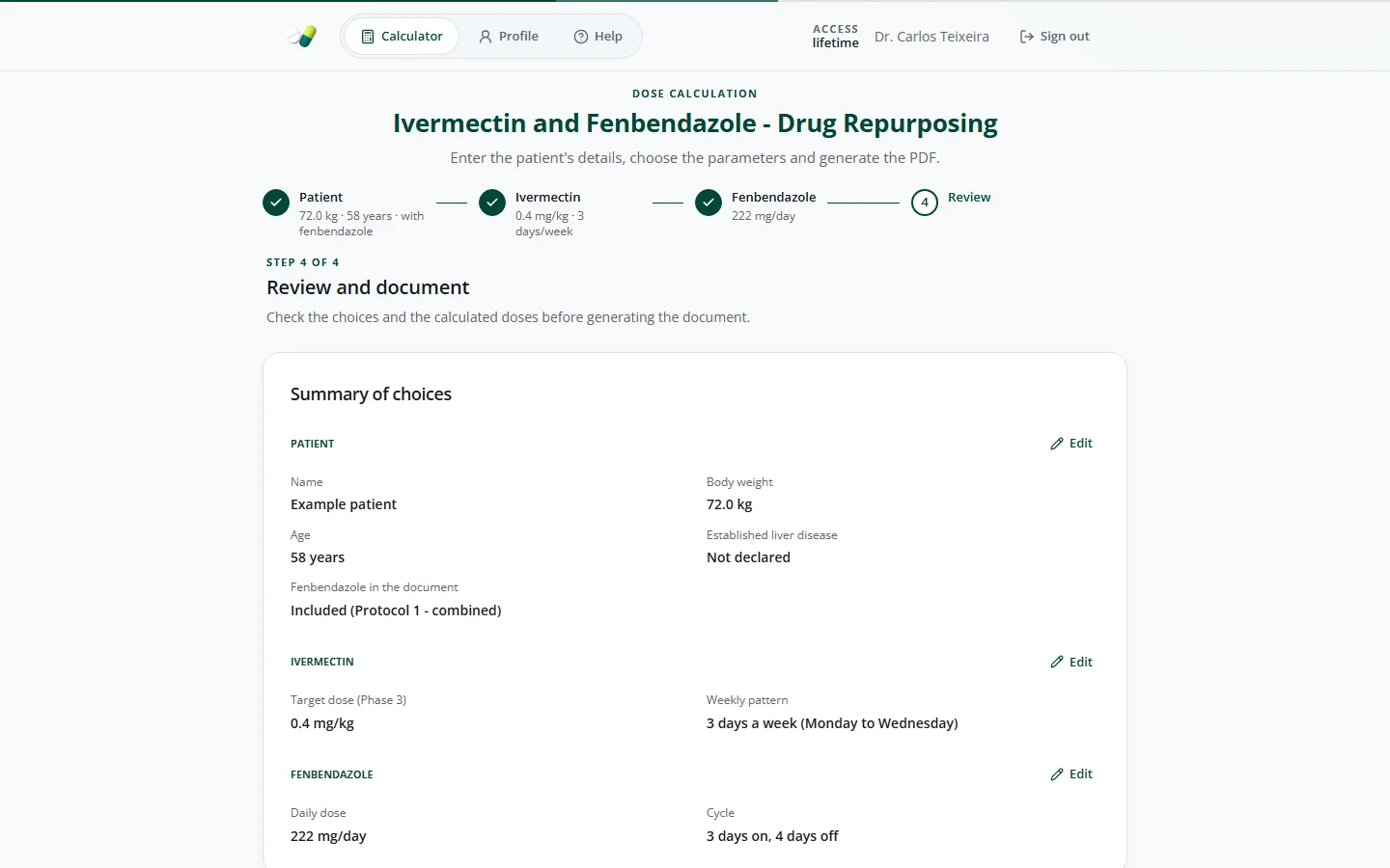 Review screen of the calculator, with the patient's choices and the provenance next to each dose